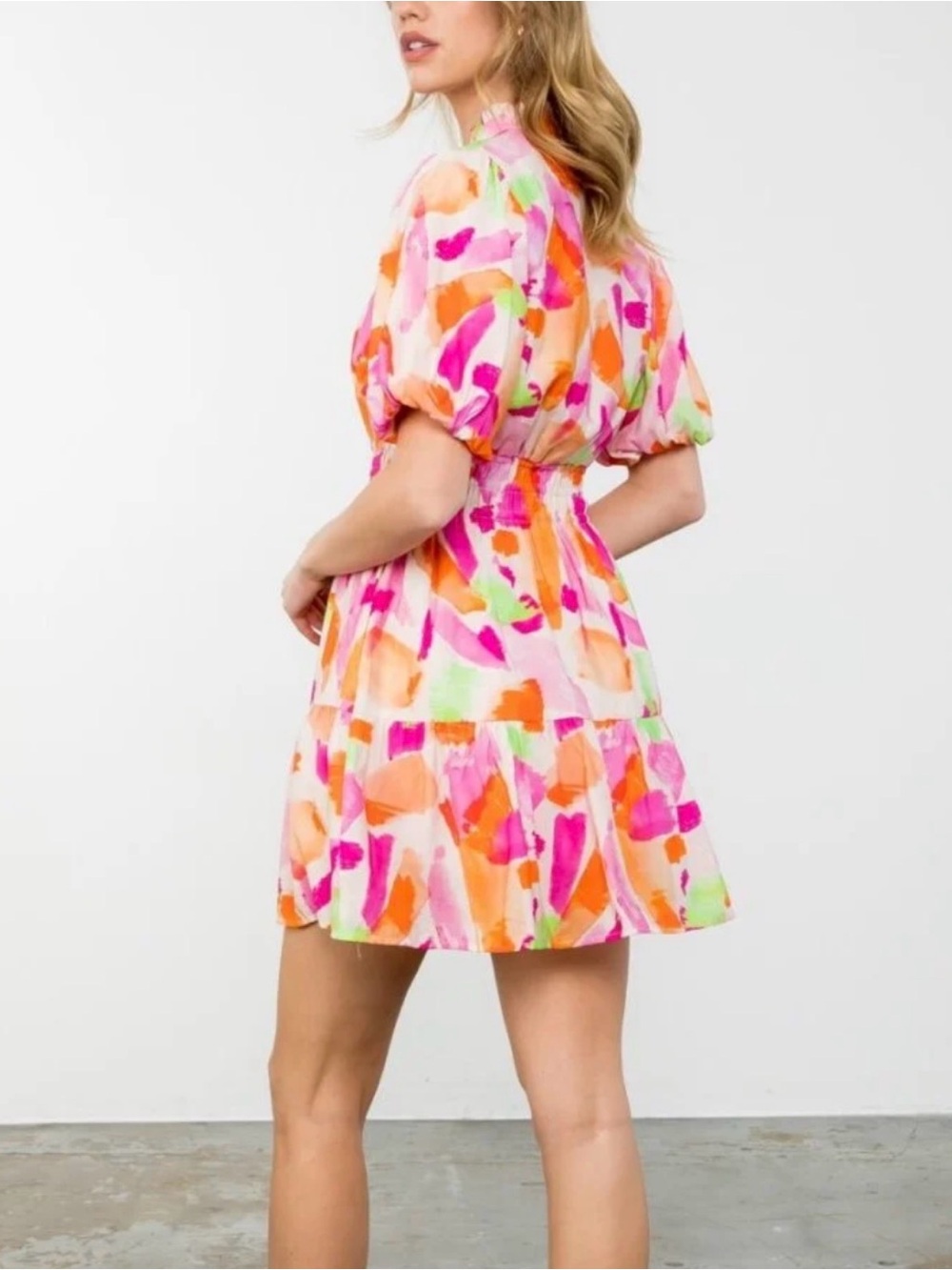 NWT THML Colorful Watercolor Smocked Waist Flutter mini dress Sz M